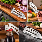 A four-panel collage showing a kitchen utility knife in use and resting on a cutting board. The knife has a silver serrated blade with circular cutouts and a dark brown wooden handle.