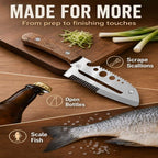 A stainless steel utility knife with a brown wooden handle is displayed on a wooden cutting board with food prep items, alongside text and icons showing additional uses: scraping scallions, opening bottles, and scaling fish.