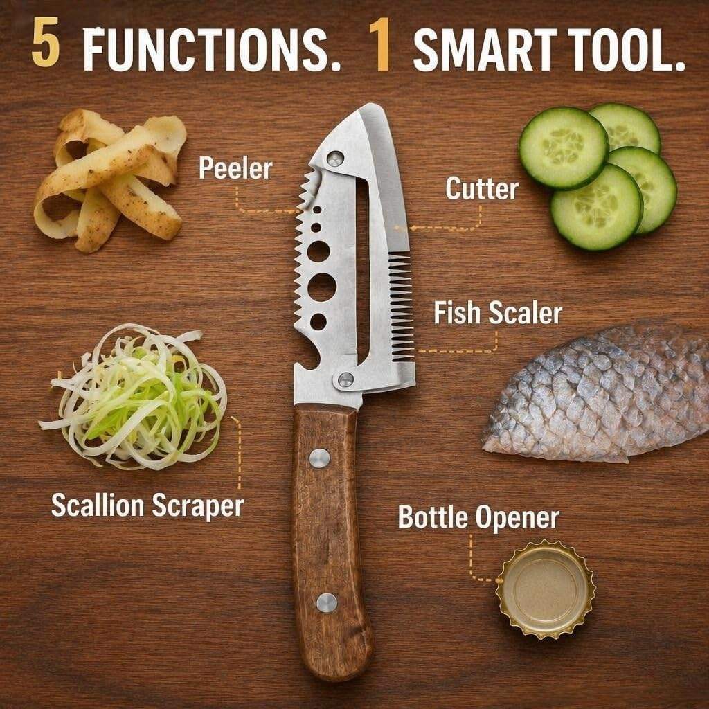 A multitool survival knife with a wooden handle and silver blade is displayed on a wooden surface, surrounded by labeled examples of its functions: peeler, cutter, fish scaler, scallion scraper, and bottle opener. Large text at the top reads '5 FUNCTIONS.