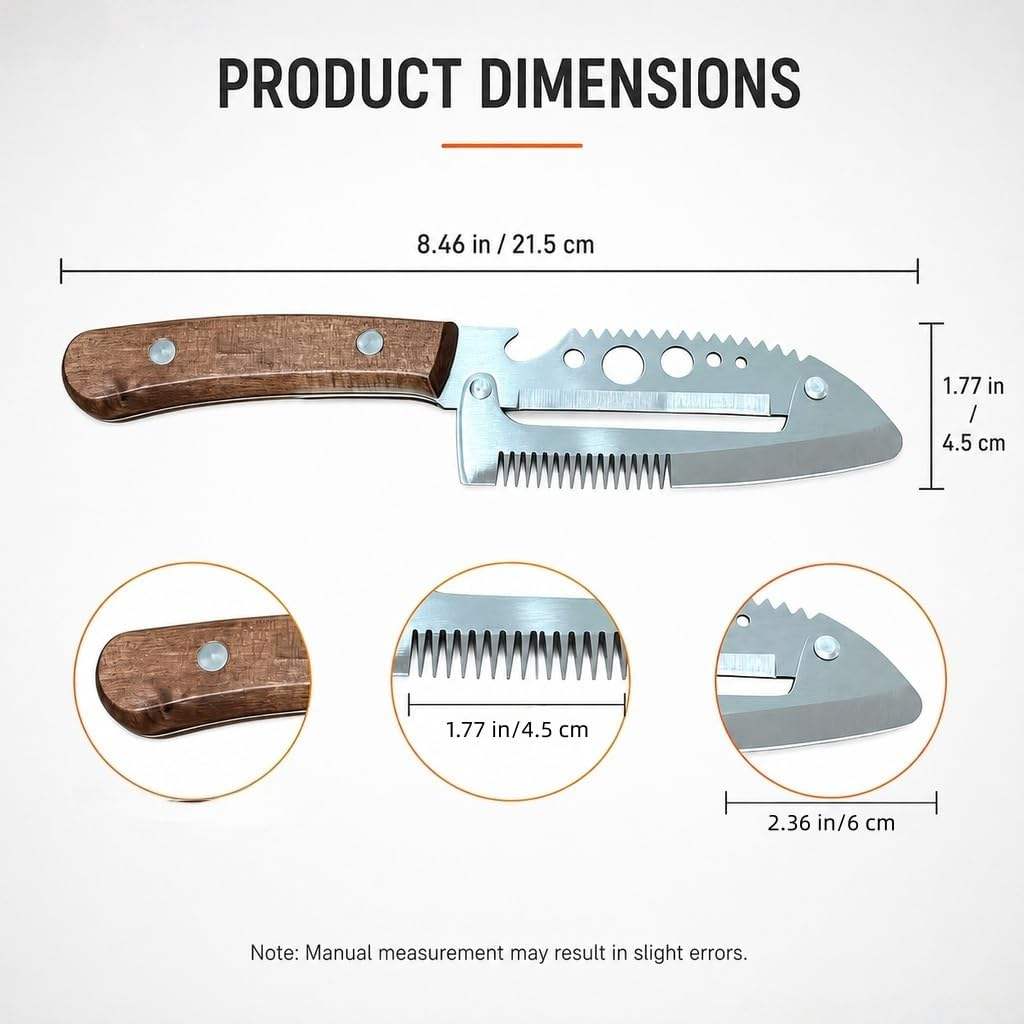 Product dimensions diagram for a folding pocket knife, showing the full knife with measurements, three circular close-up detail views, and a note about manual measurement accuracy on a light background.