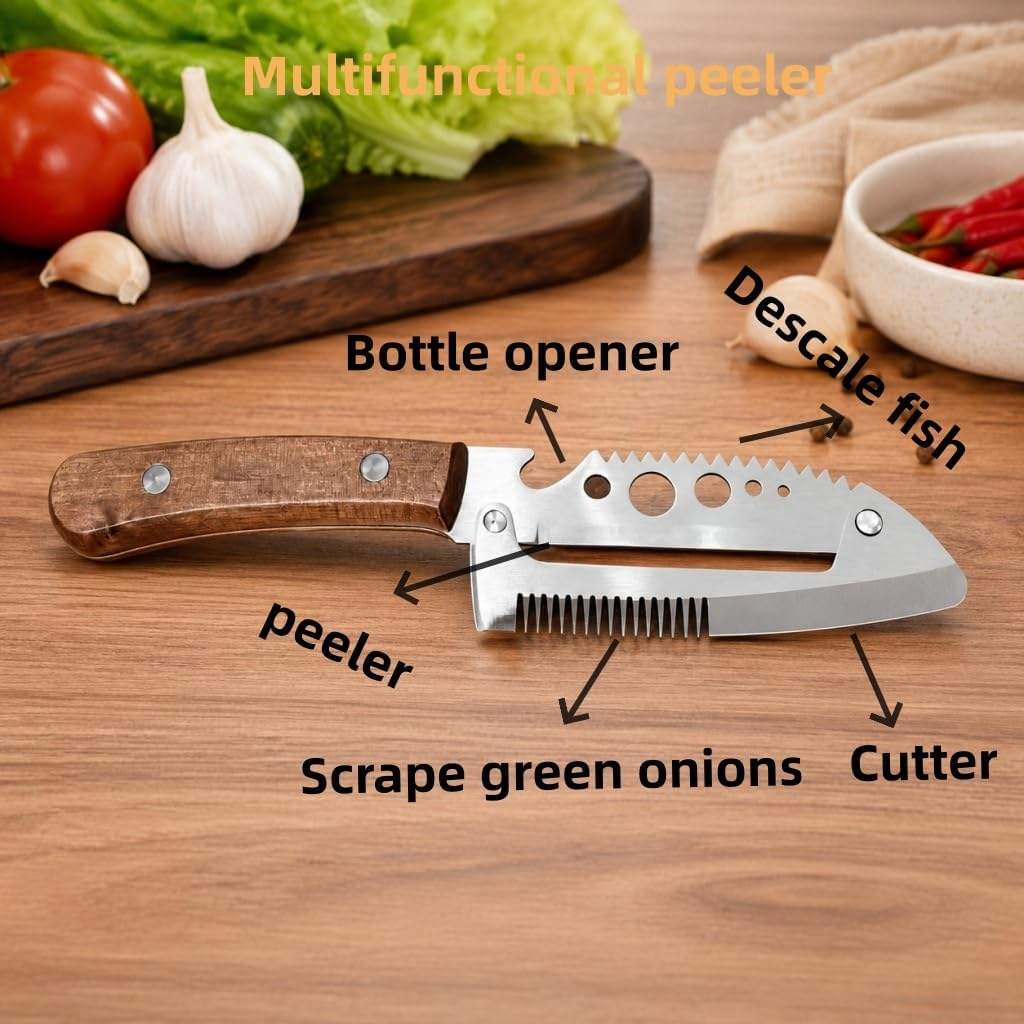A multitool kitchen peeler knife with a wooden handle and stainless steel blade, shown on a wooden table with food props and text labels pointing to its functions: bottle opener, peeler, cutter, descale fish, and scrape green onions.
