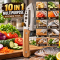 A 10-in-1 multipurpose kitchen tool set featuring a large multi-blade knife with a wooden handle and stainless steel blade, shown alongside a graphic of 10 different functions including peeler, cutter, slicer, grater, bottle opener, fish scaler, scraper, cleaning comb, nut opener, and sharp blade. The background is a kitchen scene with fresh vegetables and a raw fish on a cutting board.