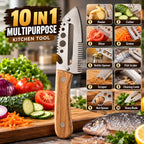 A 10-in-1 multipurpose kitchen tool set featuring a large multi-blade knife with a wooden handle and stainless steel blade, shown alongside a graphic of 10 different functions including peeler, cutter, slicer, grater, bottle opener, fish scaler, scraper, cleaning comb, nut opener, and sharp blade. The background is a kitchen scene with fresh vegetables and a raw fish on a cutting board.