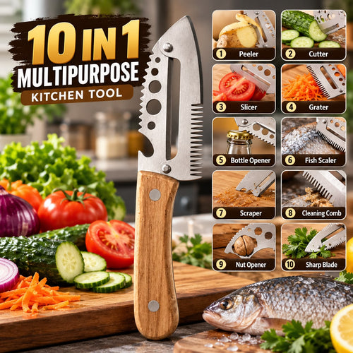 A 10-in-1 multipurpose kitchen tool set featuring a large multi-blade knife with a wooden handle and stainless steel blade, shown alongside a graphic of 10 different functions including peeler, cutter, slicer, grater, bottle opener, fish scaler, scraper, cleaning comb, nut opener, and sharp blade. The background is a kitchen scene with fresh vegetables and a raw fish on a cutting board.
