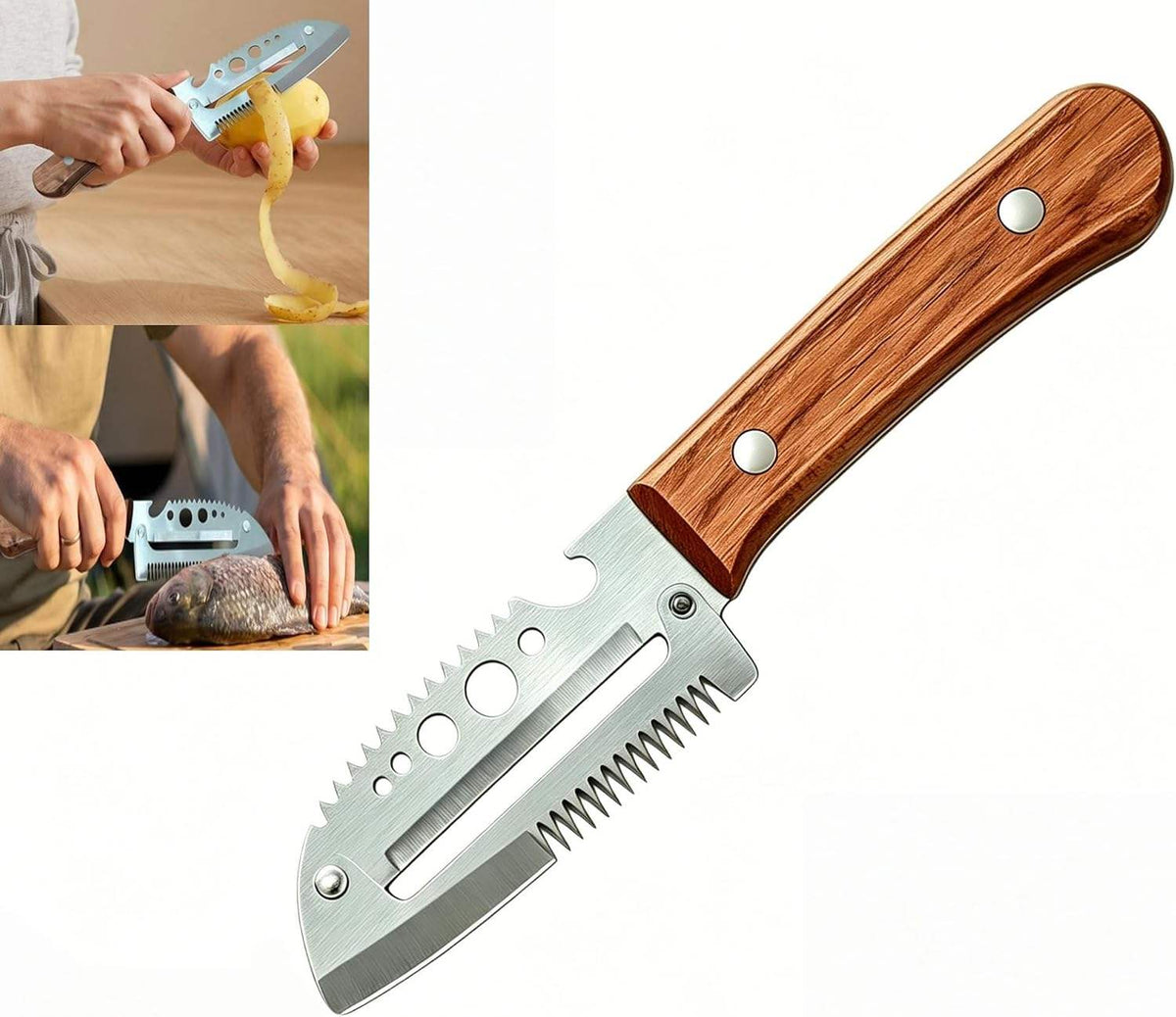 A multi-tool vegetable peeler and slicer knife with a brown wood-grain handle and silver stainless steel blade, shown alongside two small lifestyle inset photos of hands using the tool to peel and slice produce.