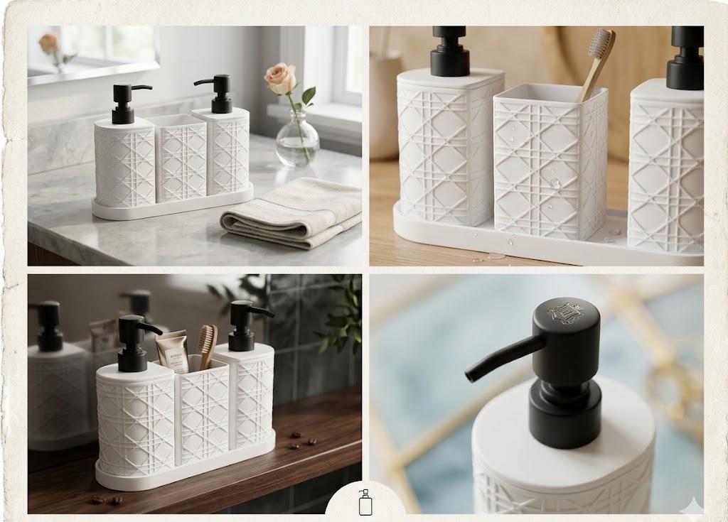 White bathroom accessories set with black pumps on a marble countertop.