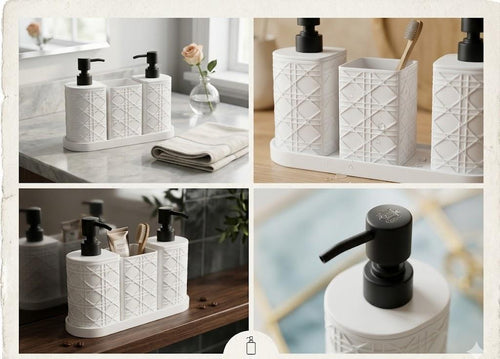 White bathroom accessories set with black pumps on a marble countertop.