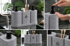 A 3-compartment bathroom organizer set in textured gray with black pumps and holders, shown in a collage of product views including a hand demonstrating the pump dispensing liquid, on a dark marble countertop.