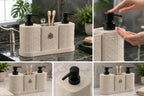 A 3-compartment bathroom or vanity organizer set in a textured cream finish with black pump dispensers, shown in a collage of lifestyle and product detail shots. The set includes a rectangular base with three cylindrical compartments, a central small metal crest accent, and is demonstrated with toothbrushes and soap dispensers.