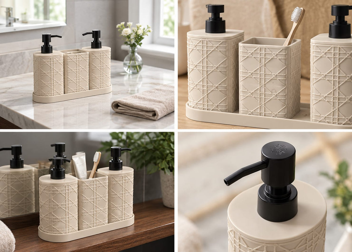 A four-panel collage showing a bathroom accessory set: a cream embossed tray with three cylindrical holders, black pump and toothbrush dispensers, and close-up views of the textured cream surfaces and black pumps in a bright bathroom setting.