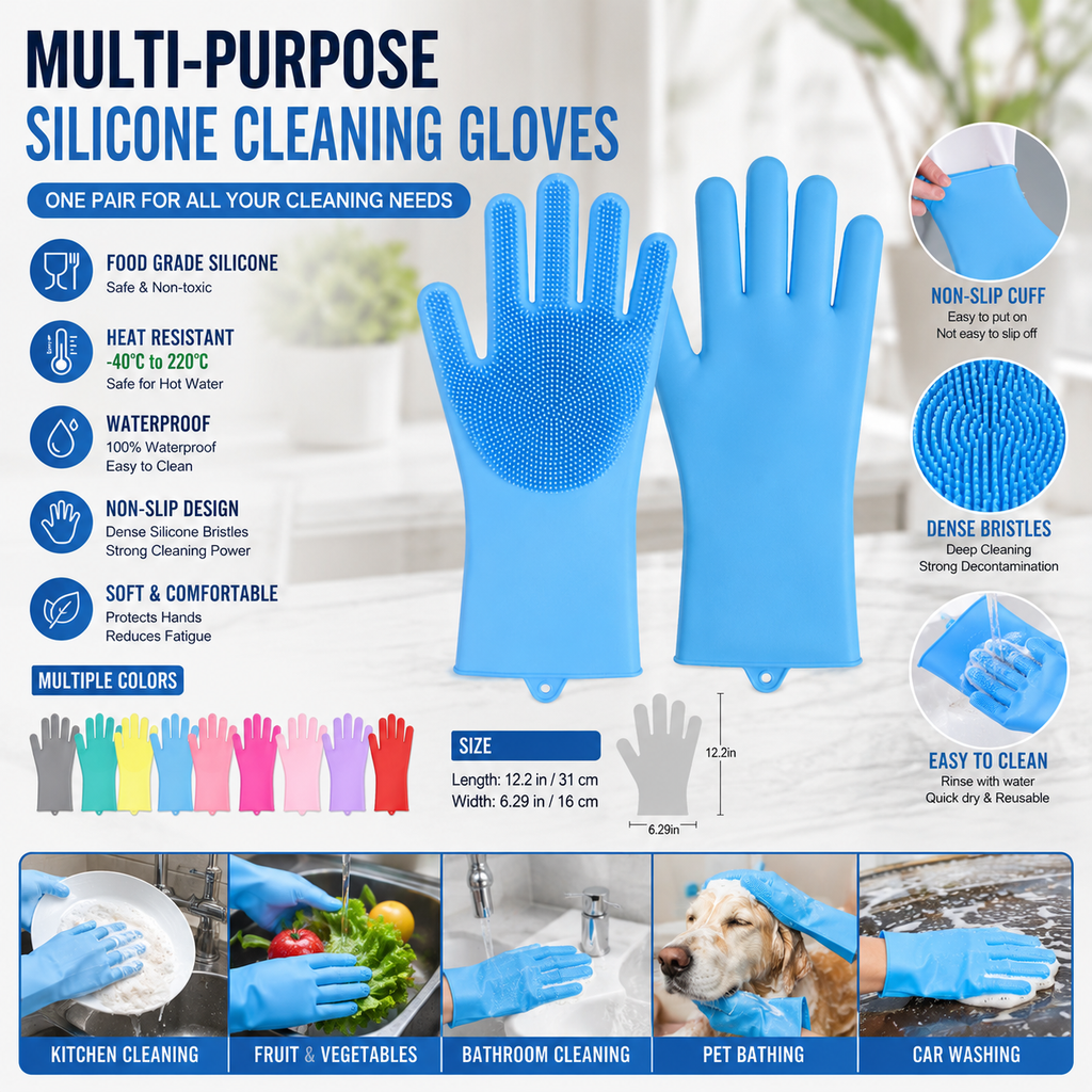 Blue silicone cleaning gloves with textured scrubbing pads on the palms, shown on a white background with feature callouts, size measurements, multiple color options, and usage examples including kitchen, bathroom, pet, and car washing.