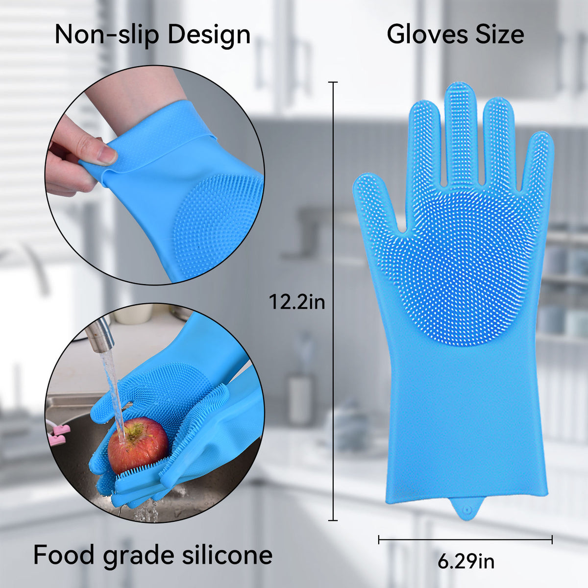 Blue silicone cleaning gloves with raised scrubbing pads on the palms and fingers, shown with dimension labels and inset usage photos. Text reads 'Non-slip Design,' 'Gloves Size,' and 'Food grade silicone.