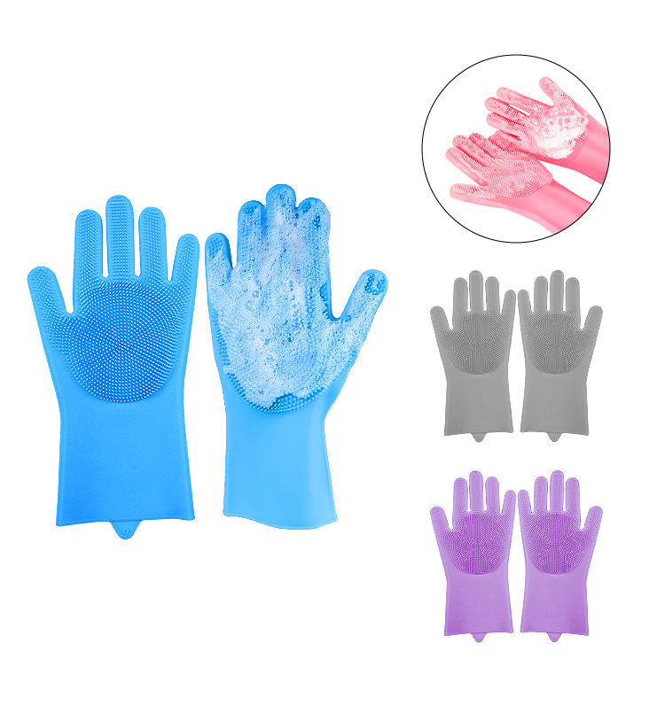 Blue silicone dishwashing gloves with a textured scrubber side, shown with foam on one glove. Smaller views show gray and purple versions, plus an inset demonstrating hands washing with soap using the gloves.