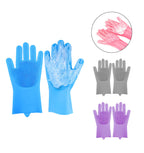 Blue silicone dishwashing gloves with a textured scrubber side, shown with foam on one glove. Smaller views show gray and purple versions, plus an inset demonstrating hands washing with soap using the gloves.