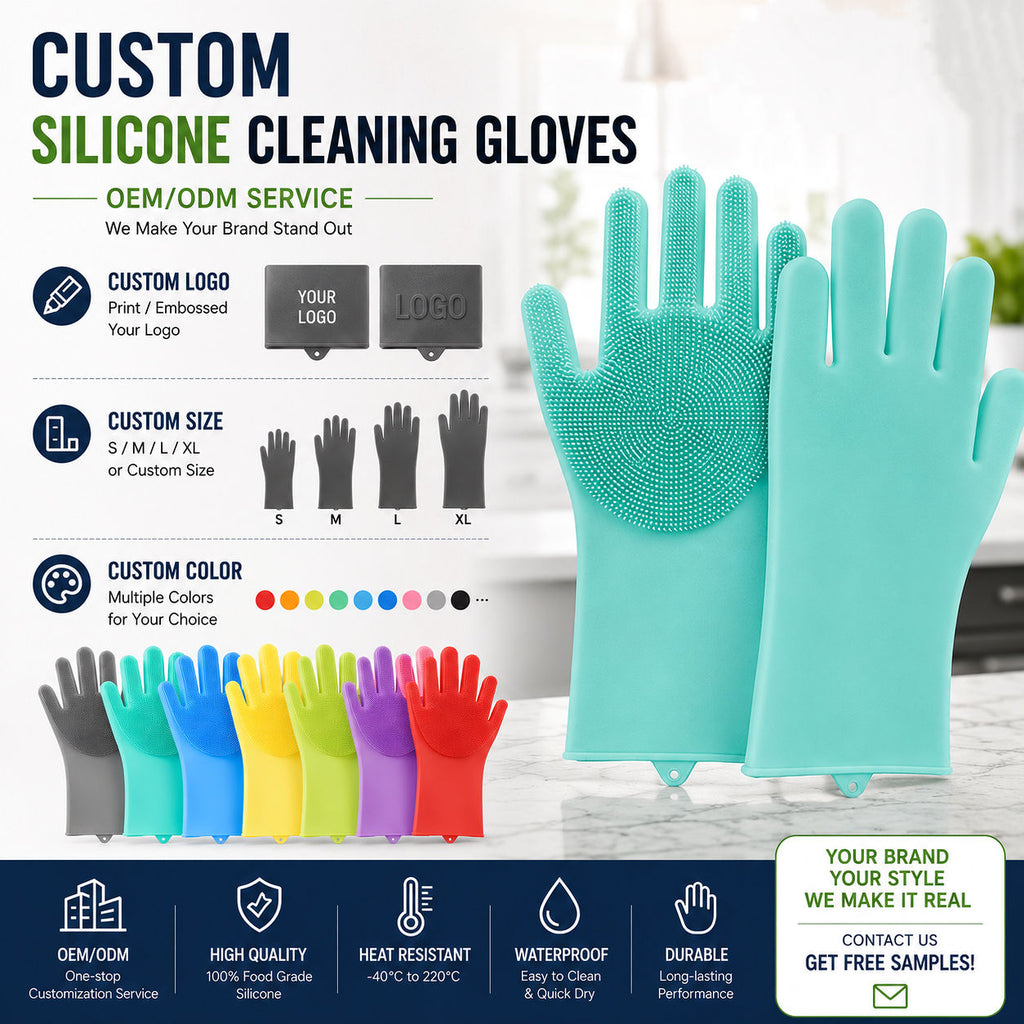 Custom silicone cleaning gloves shown on a white marble countertop with promotional text and feature callouts. The main product is a pair of mint/aqua silicone gloves with textured backs and smooth palms.