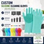 Custom silicone cleaning gloves shown on a white marble countertop with promotional text and feature callouts. The main product is a pair of mint/aqua silicone gloves with textured backs and smooth palms.