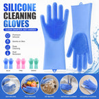 Blue silicone cleaning gloves with raised scrubbing pads on the palms and fingers, shown alongside a matching glove laid flat. The image includes marketing text, icons for features, small color variants in blue/pink/green, and circular usage examples for dishwashing, fruit washing, pet bathing, bathroom cleaning, and household cleaning.