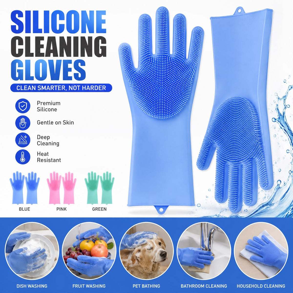 Blue silicone cleaning gloves with raised scrubbing pads on the palms and fingers, shown alongside a matching glove laid flat. The image includes marketing text, icons for features, small color variants in blue/pink/green, and circular usage examples for dishwashing, fruit washing, pet bathing, bathroom cleaning, and household cleaning.