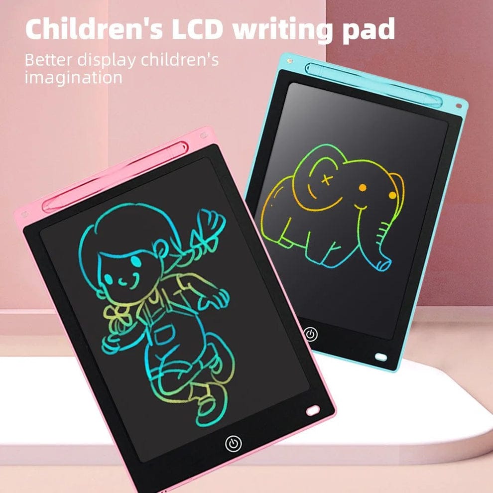 Two children's LCD writing pads with colorful drawings on a pink background